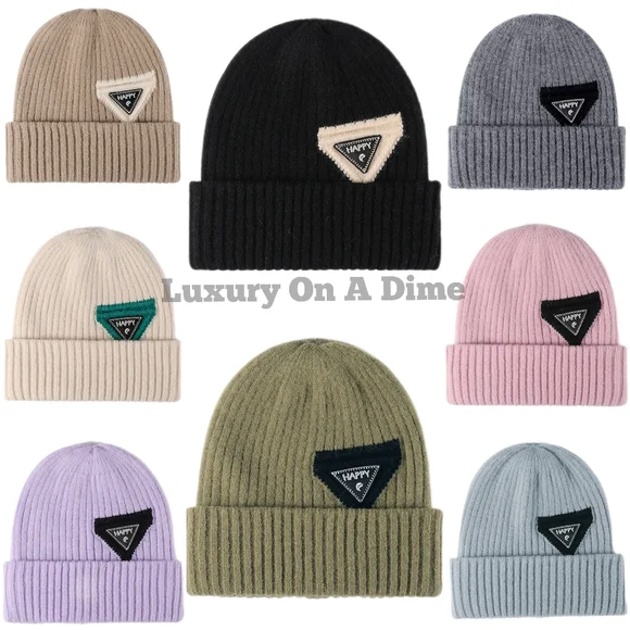 HAPPY Beanie Color Contrast Hat Ribbed Knit Minimalist Warm Toboggan Skull Cap - Picture 13 of 13
